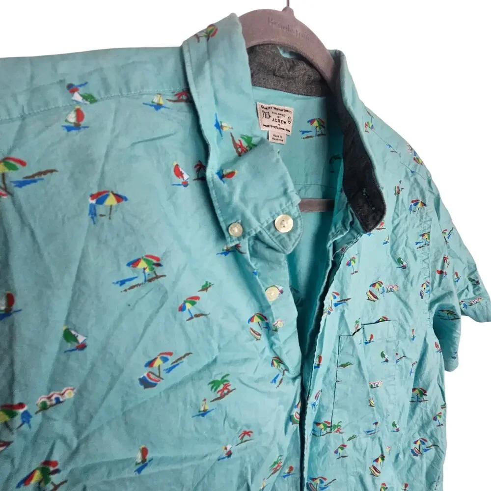 J. Crew Mens Cotton Beach Print Button Down Shirt Sz L Summer Resortwear Travel